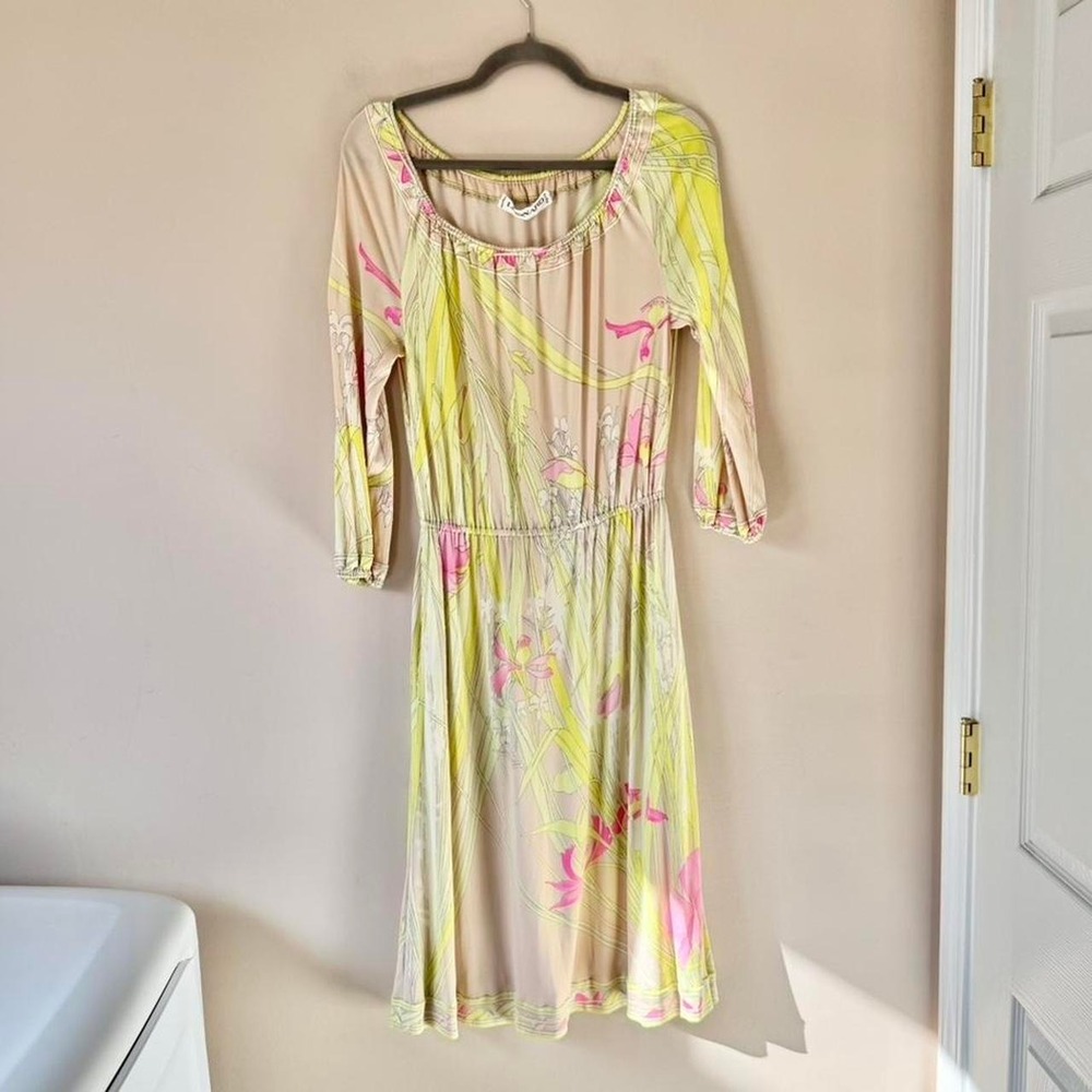 Leonard Paris Neon Yellow + Pink Floral Dress 60s / 70s Silk Jersey Vintage